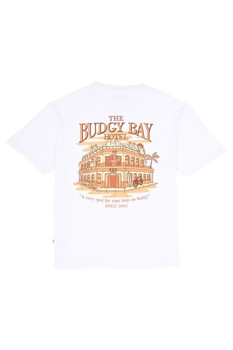 White Tee with Budgy Bay Hotel
