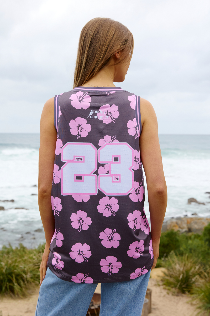 Basketball Singlet in Brown and Pink Hibiscus