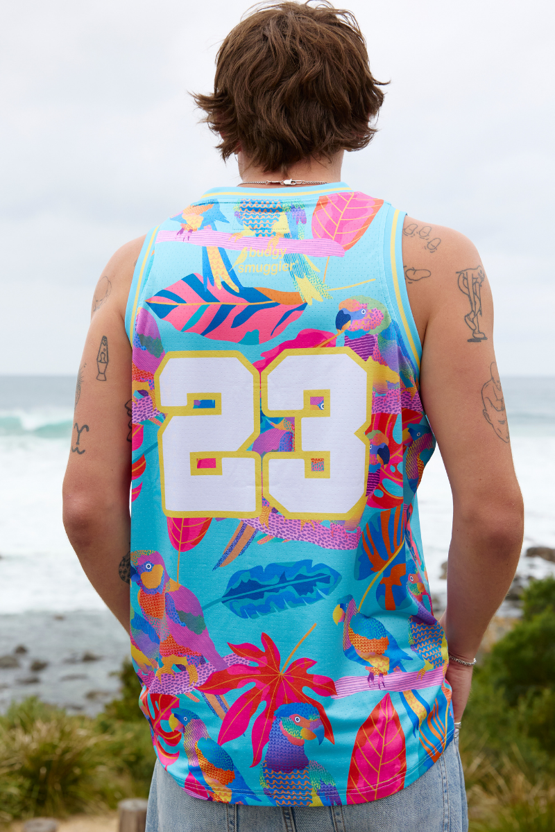 Basketball Singlet in Techno Parrots