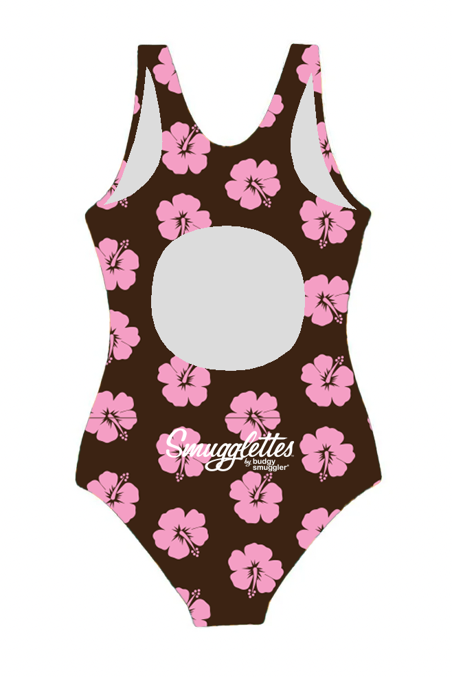 Girls One Piece in Brown and Pink Hibiscus