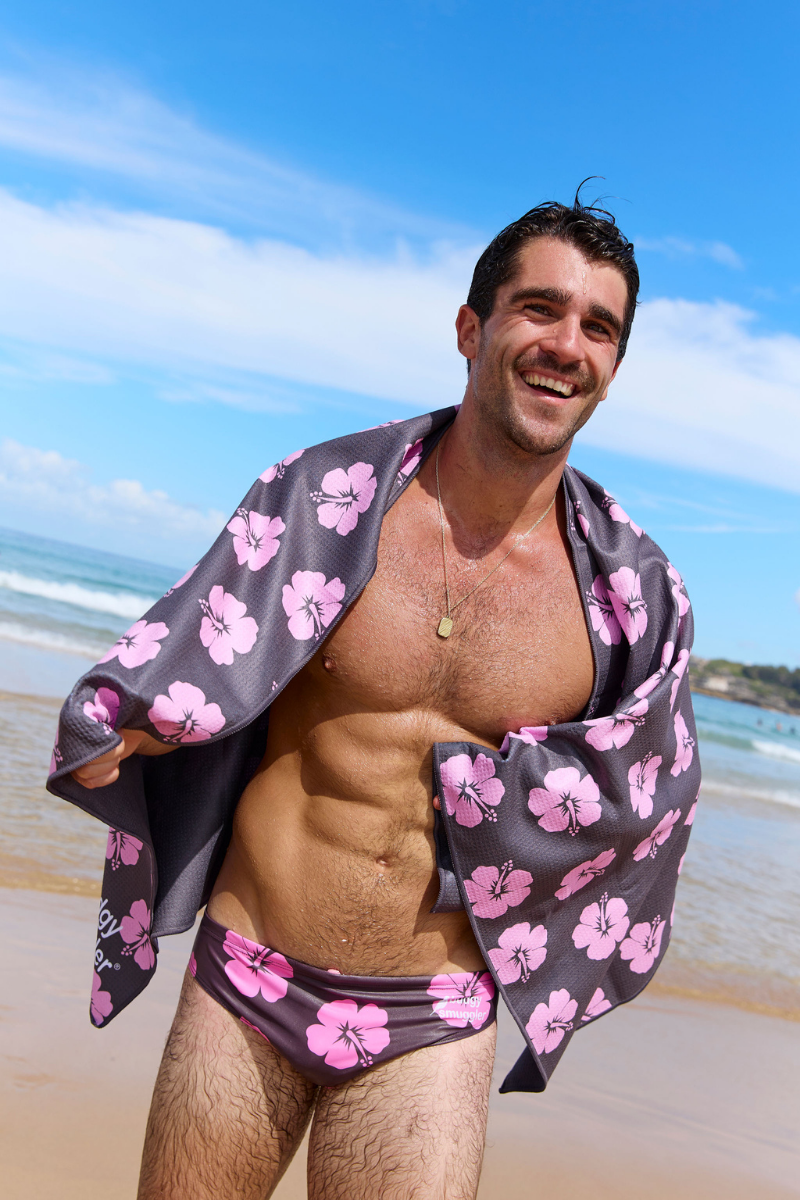 Double Sided Towel in Brown and Pink Hibiscus