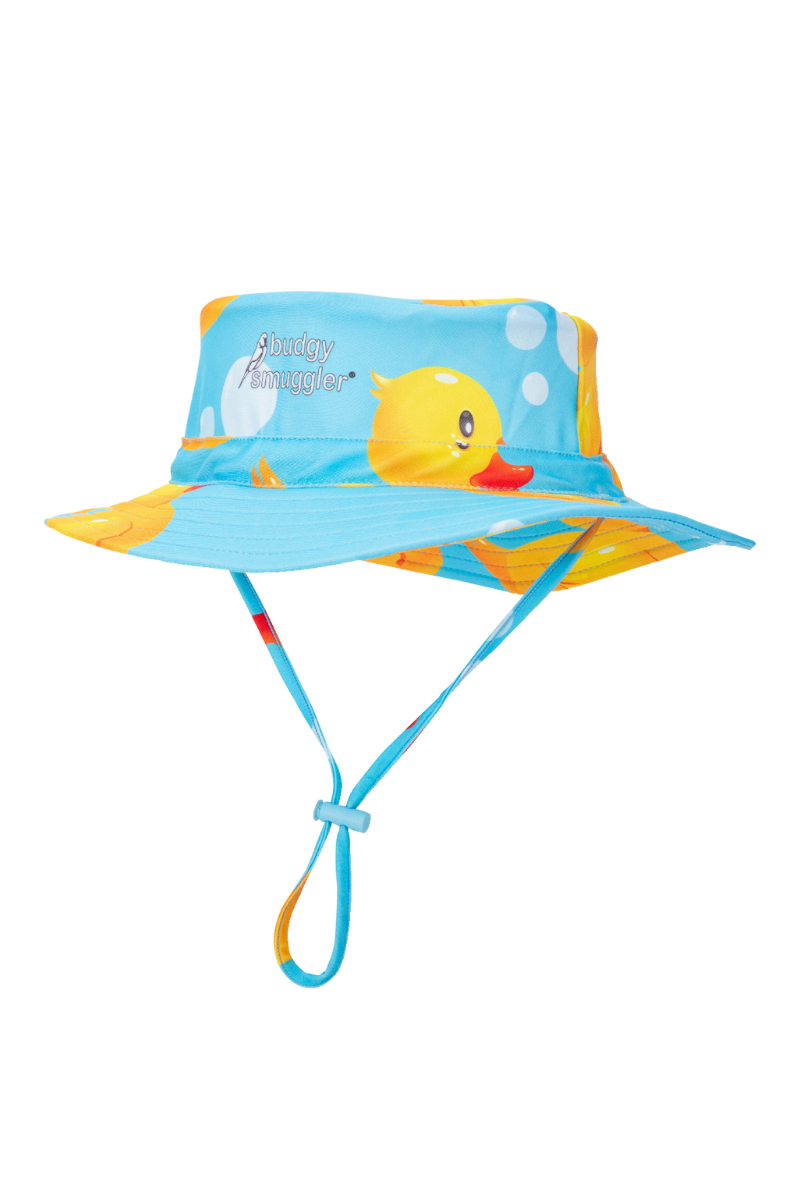 Rubber Ducks kids swim hat front view with adjustable chin strap
