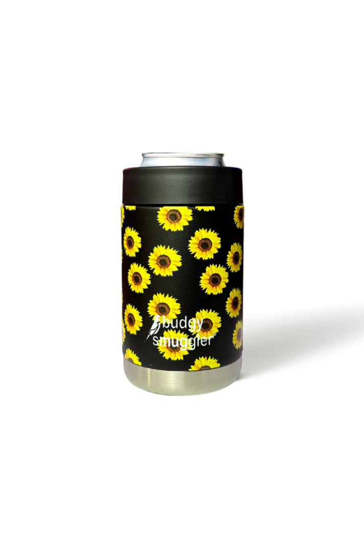 Premium Insulated Can Cooler in Black Sunflowers