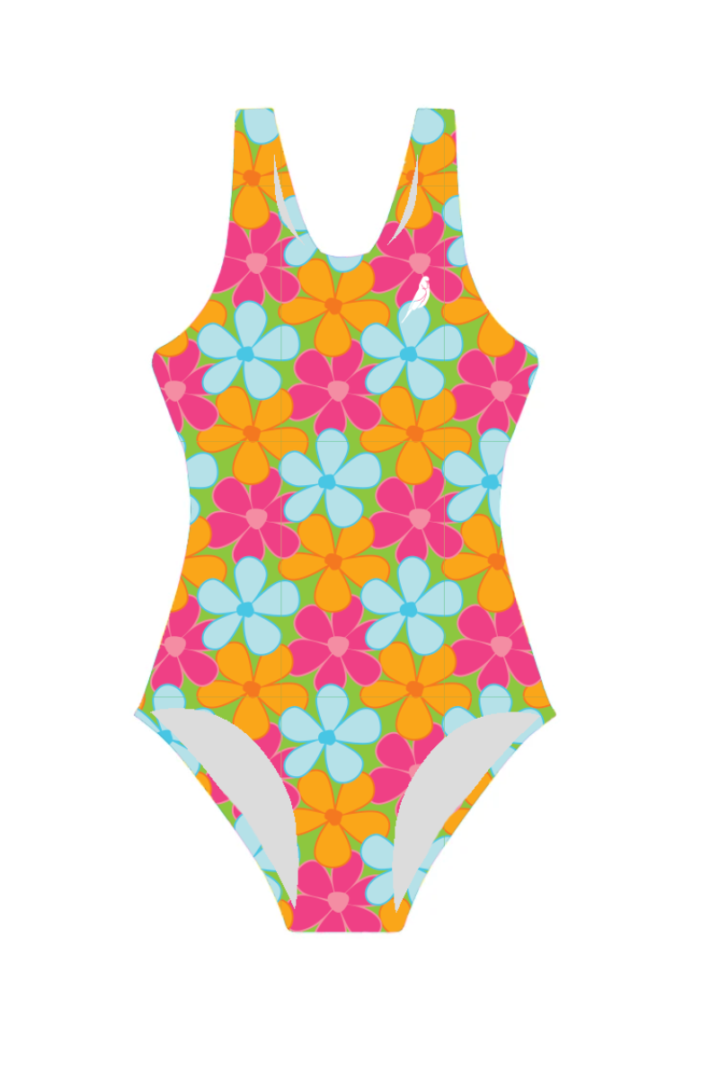 Girls One Piece in Fluro Flowers