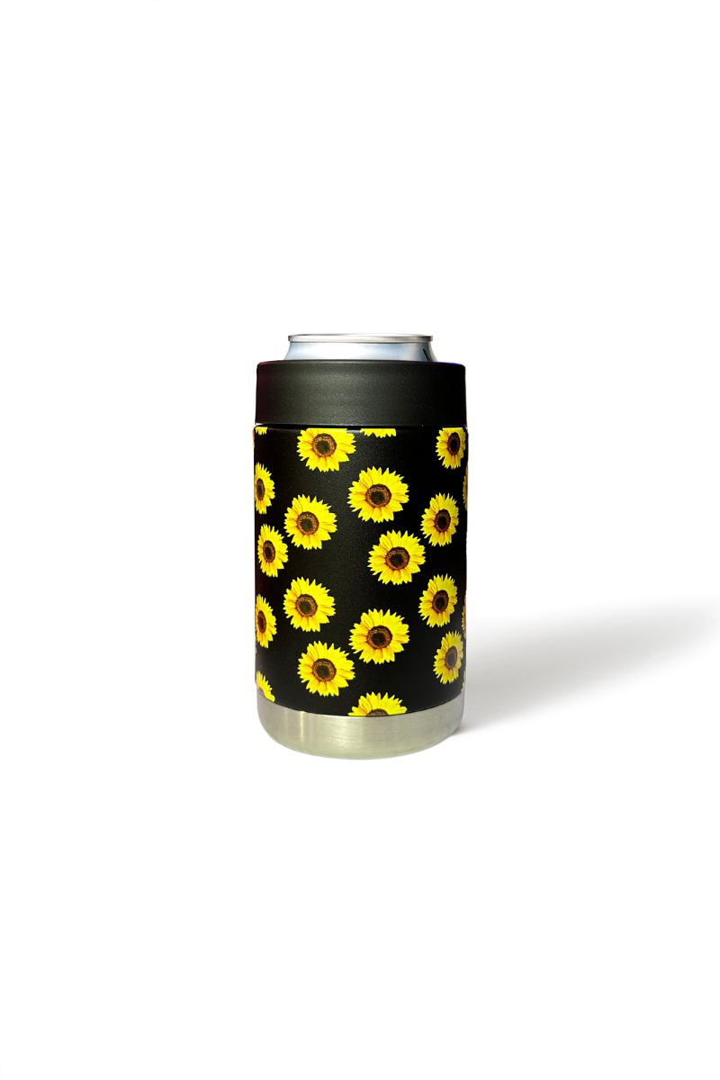 Premium Insulated Can Cooler in Black Sunflowers