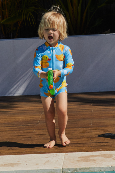 Long Sleeve Kids Onesie in Rubber Ducks UPF 50+