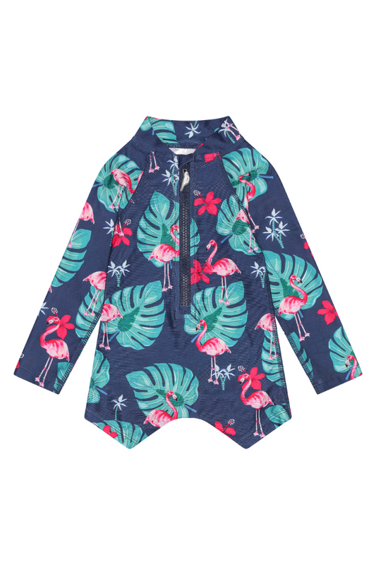 Long Sleeve Kids Onesie in Flamingos UPF 50+