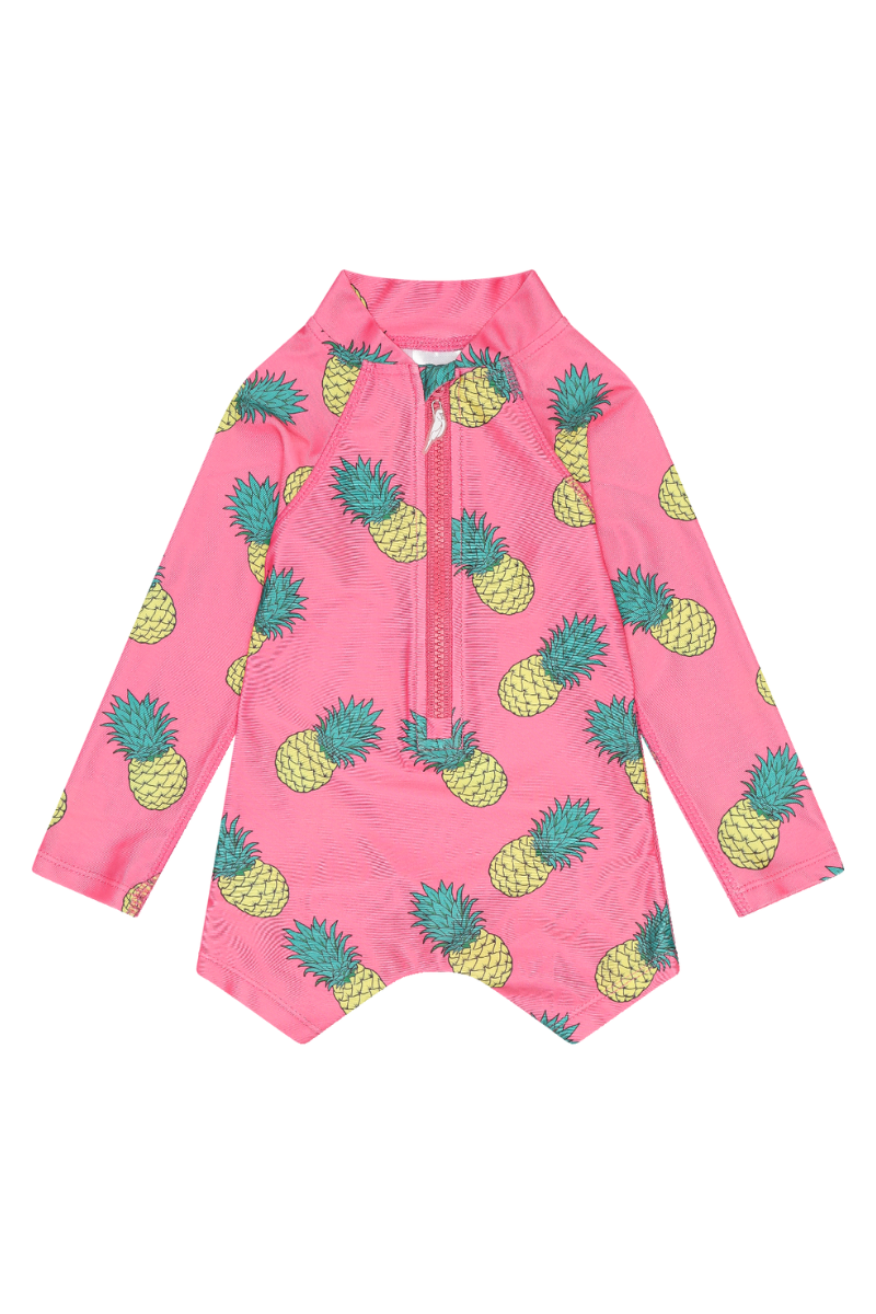 Long Sleeve Kids Onesie in Pink Pineapples UPF 50+