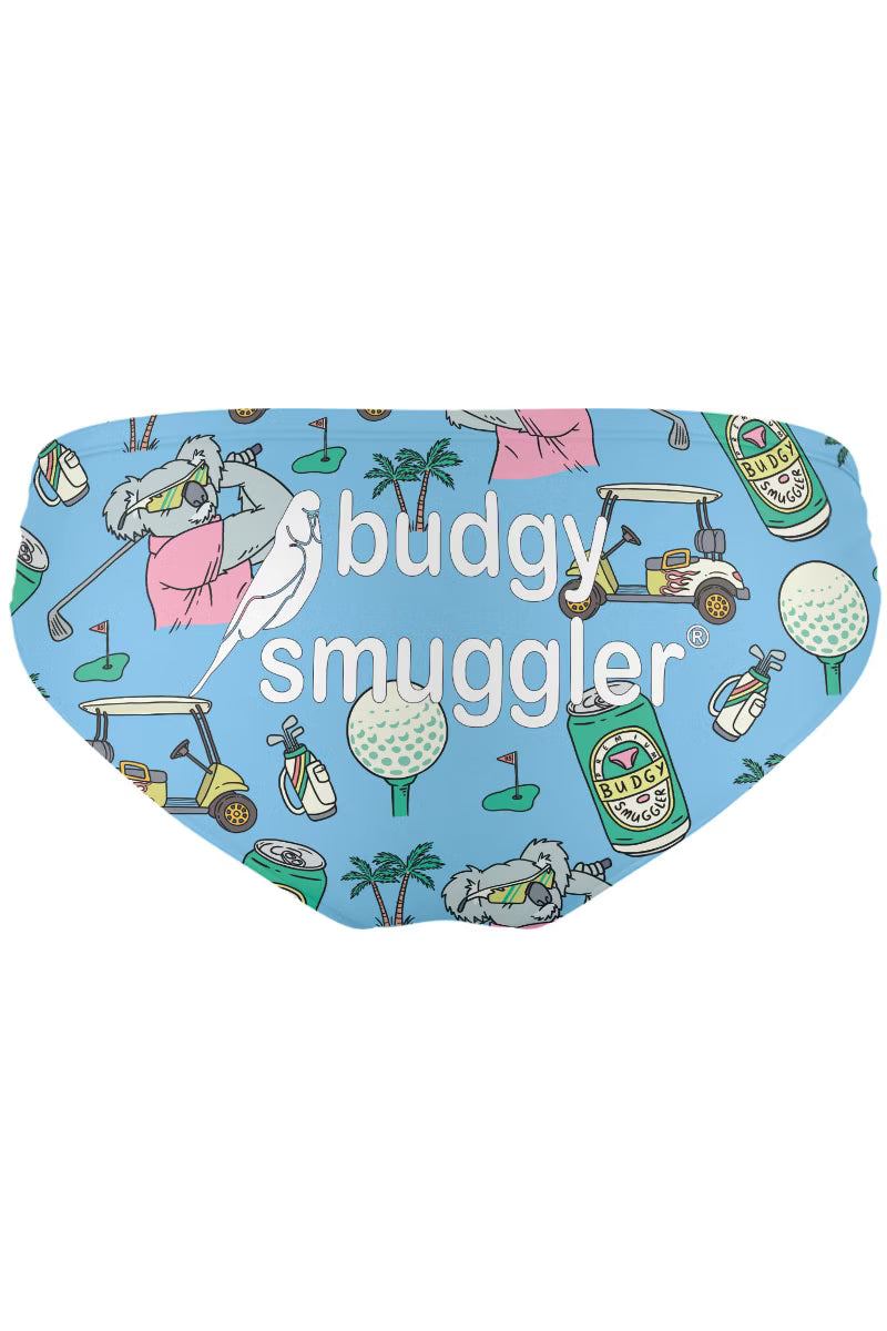 Back of Swingers Club swim briefs with golfing koala and Budgy Smuggler logo