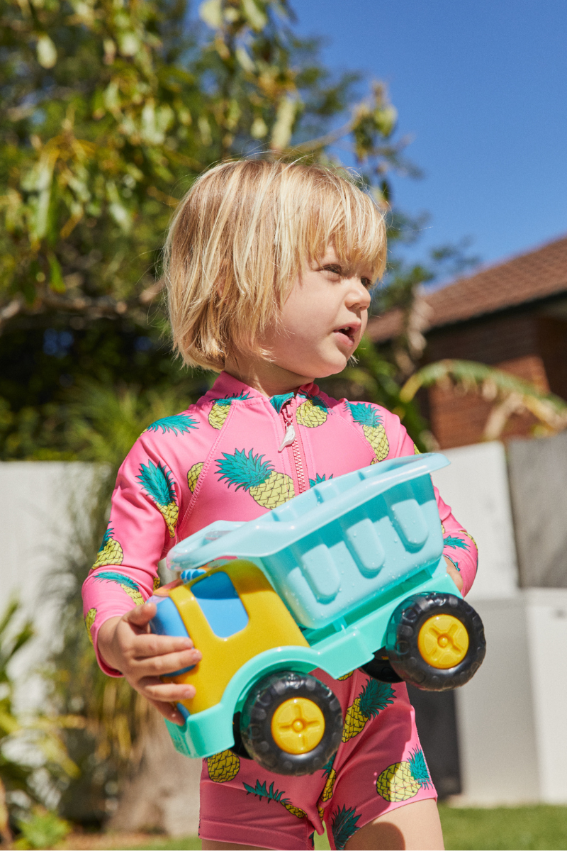 Long Sleeve Kids Onesie in Pink Pineapples UPF 50+