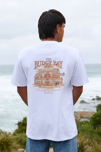 White Tee with Budgy Bay Hotel