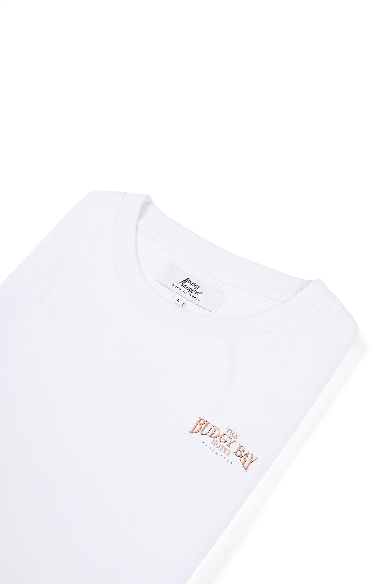White Tee with Budgy Bay Hotel