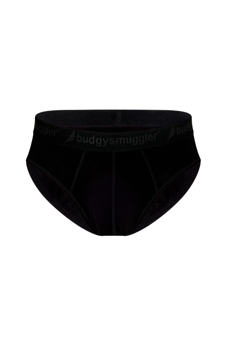 Black underwear with 'budgysmuggler' branding on a white background