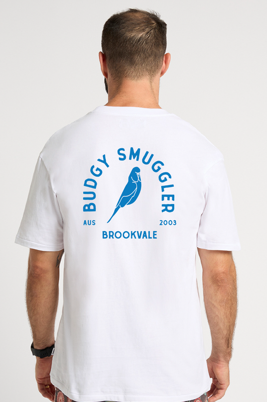 White Tee with Brookvale Blue