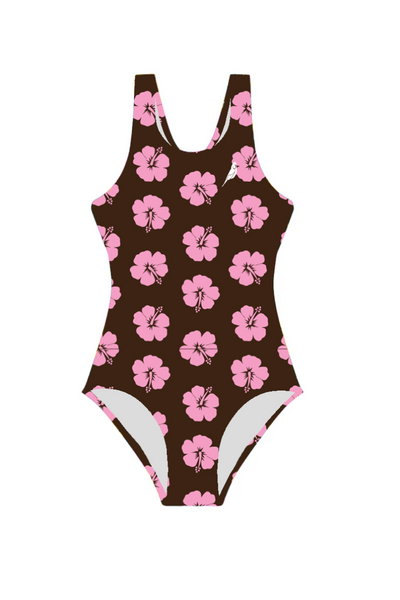 Girls One Piece in Brown and Pink Hibiscus