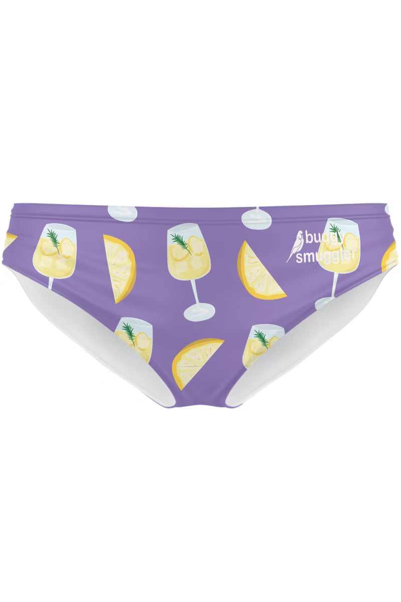 Mens swimwear with purple and lemon print, On a white background 
