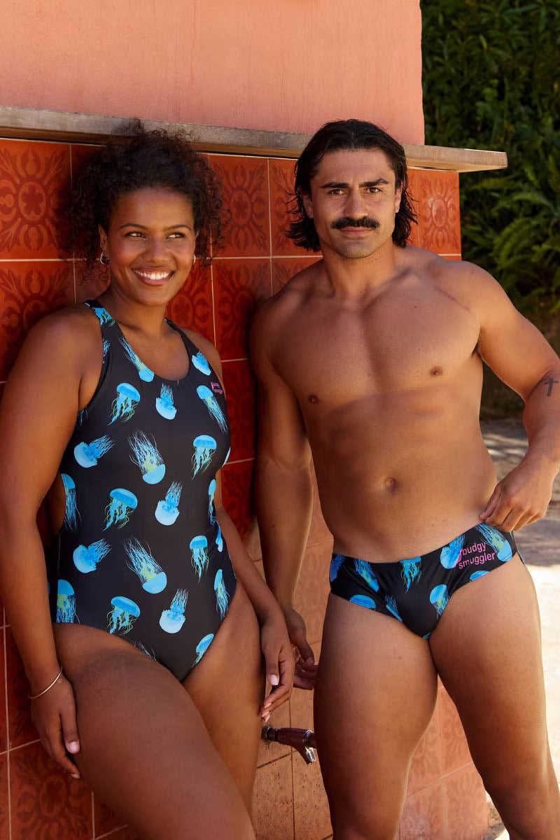 Mens Budgy Smugglers in Box Jelly fish and Women's one piece in Box Jelly fish 