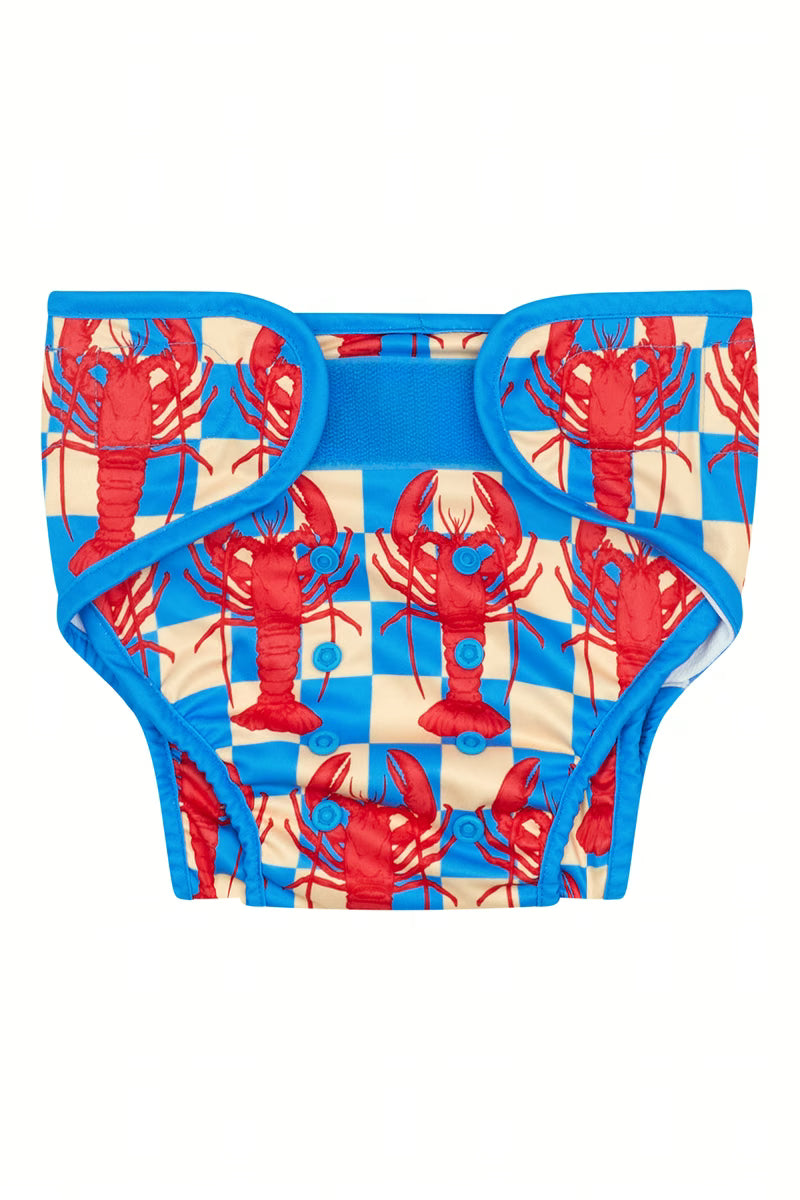 Lobstars baby swim nappy front view with hook and loop fastening