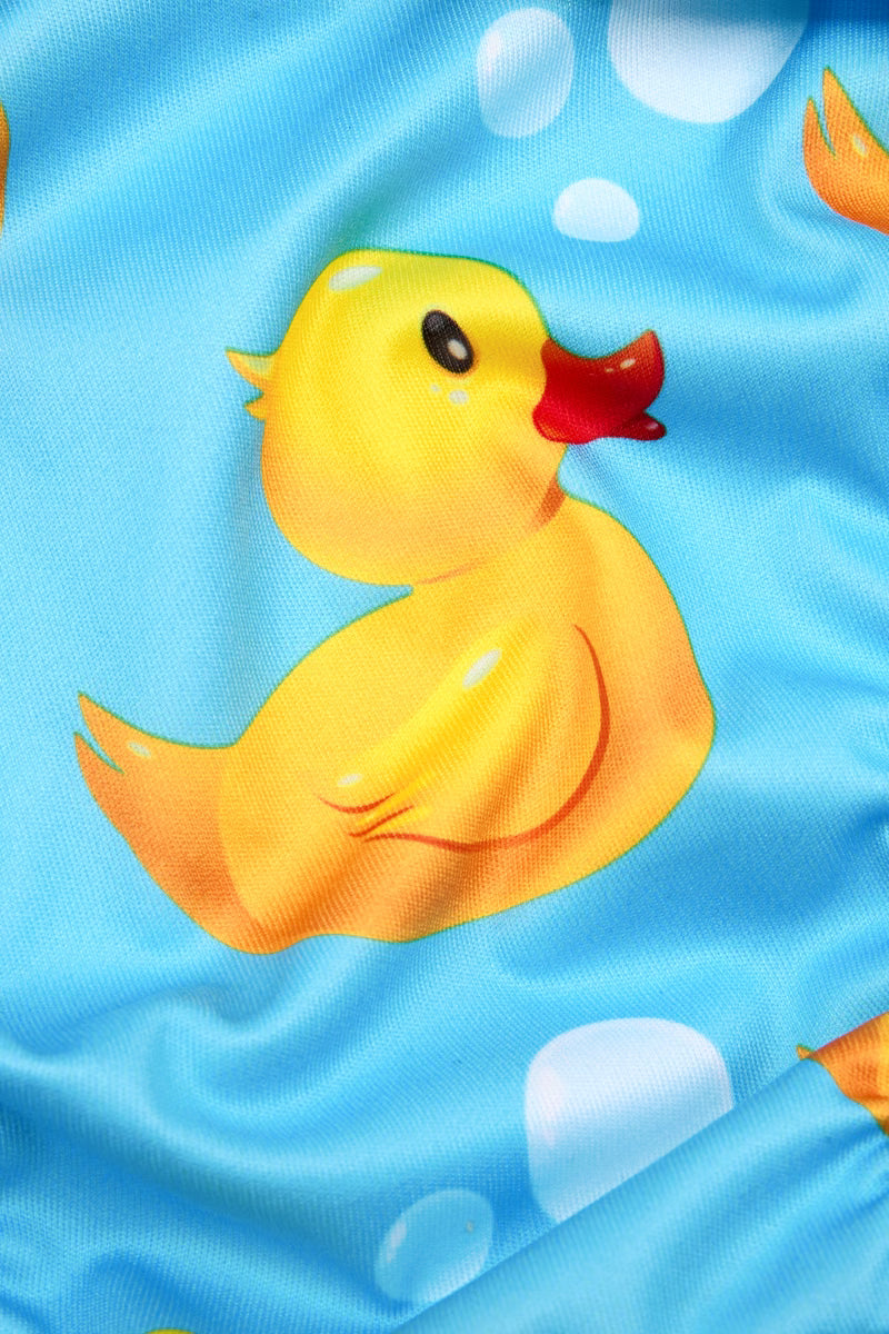 Close up of the rubber duck print on the swim nappy