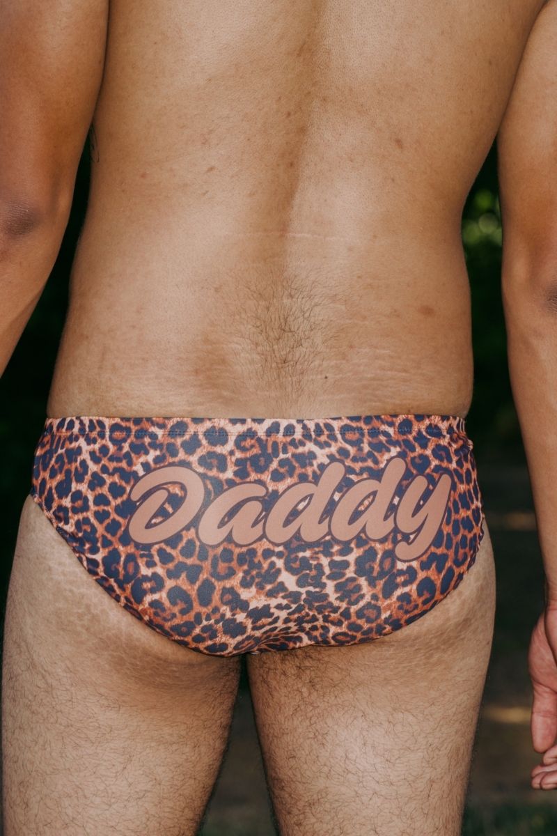Back of the New Money Daddy swim briefs, leopard print with Daddy script