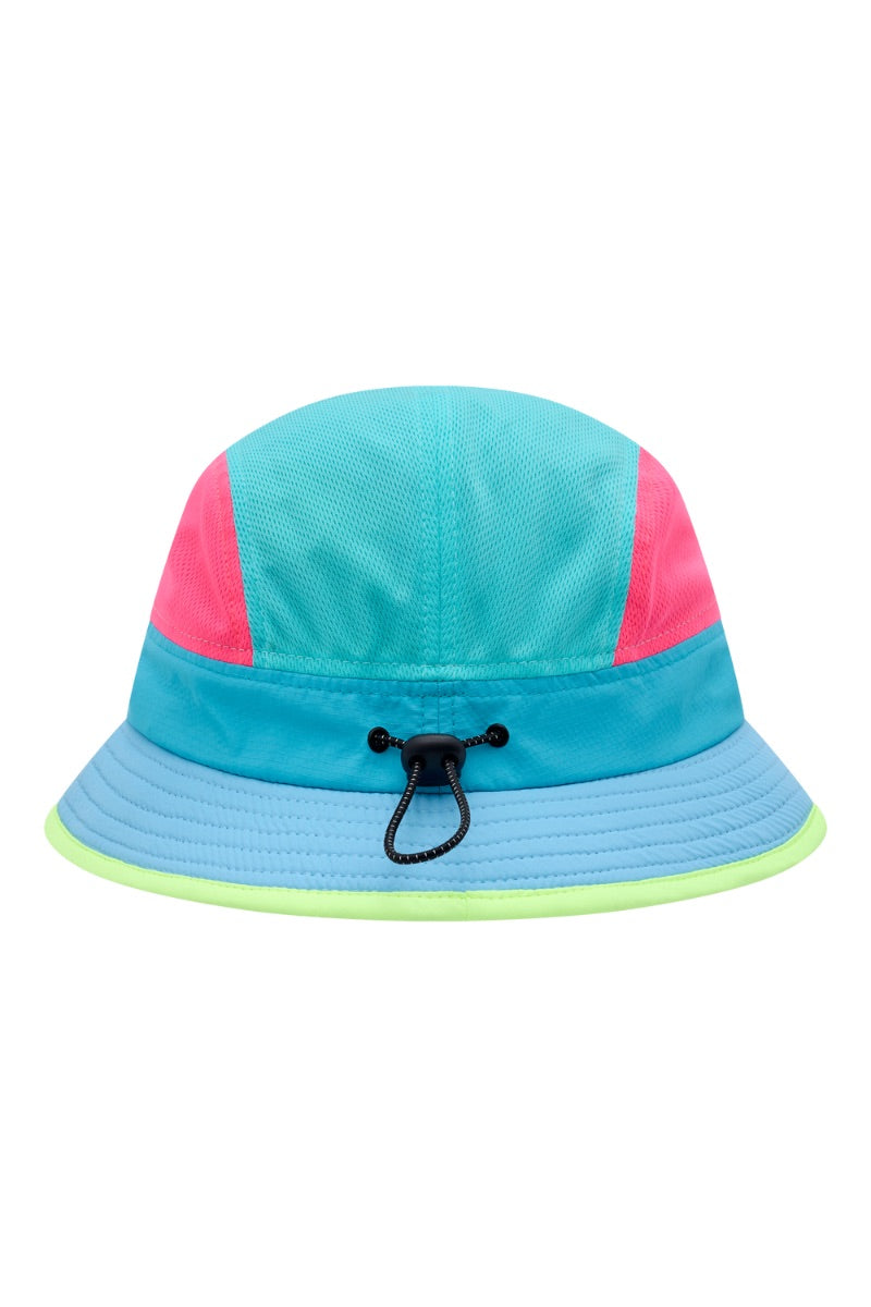 Color-blocked bucket hat with turquoise, pink, and blue sections on a white background