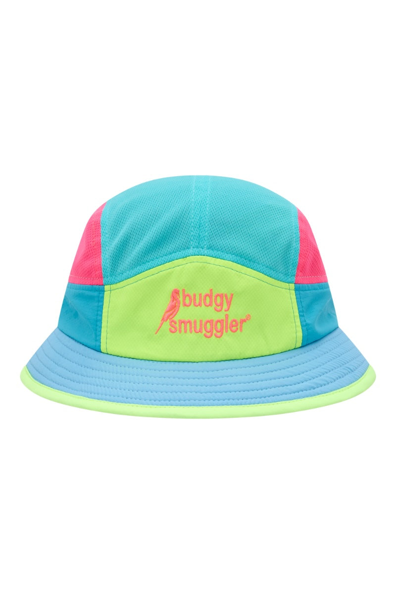 Colorful bucket hat with a logo on a white background