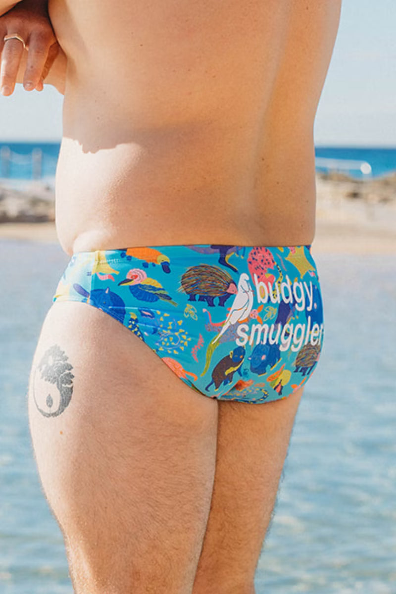 Side view of Aussie Battlers smugglers showing the native animal print and white logo
