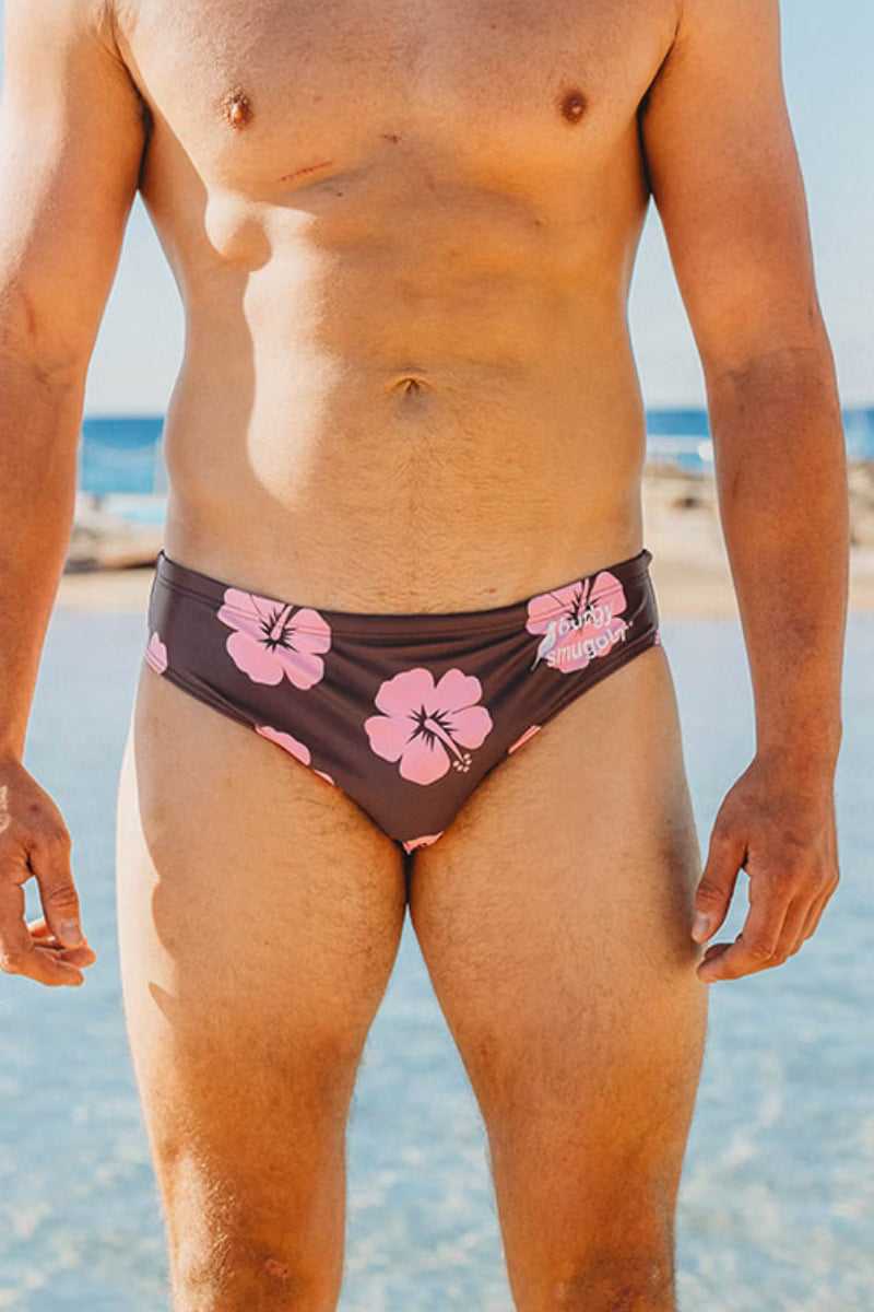 Front view of Brown and Pink Hibiscus men's swimwear
