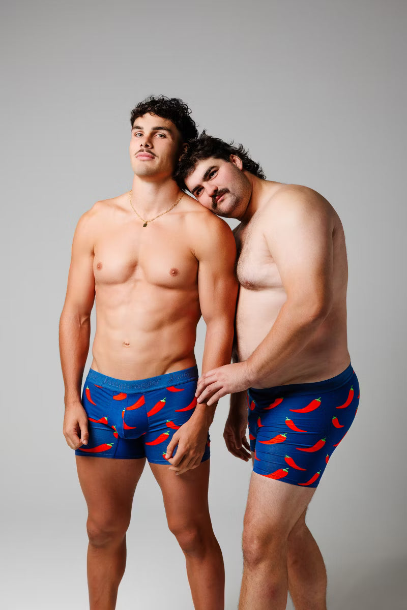 Two models posing together in Chilli Willies men's underwear trunks