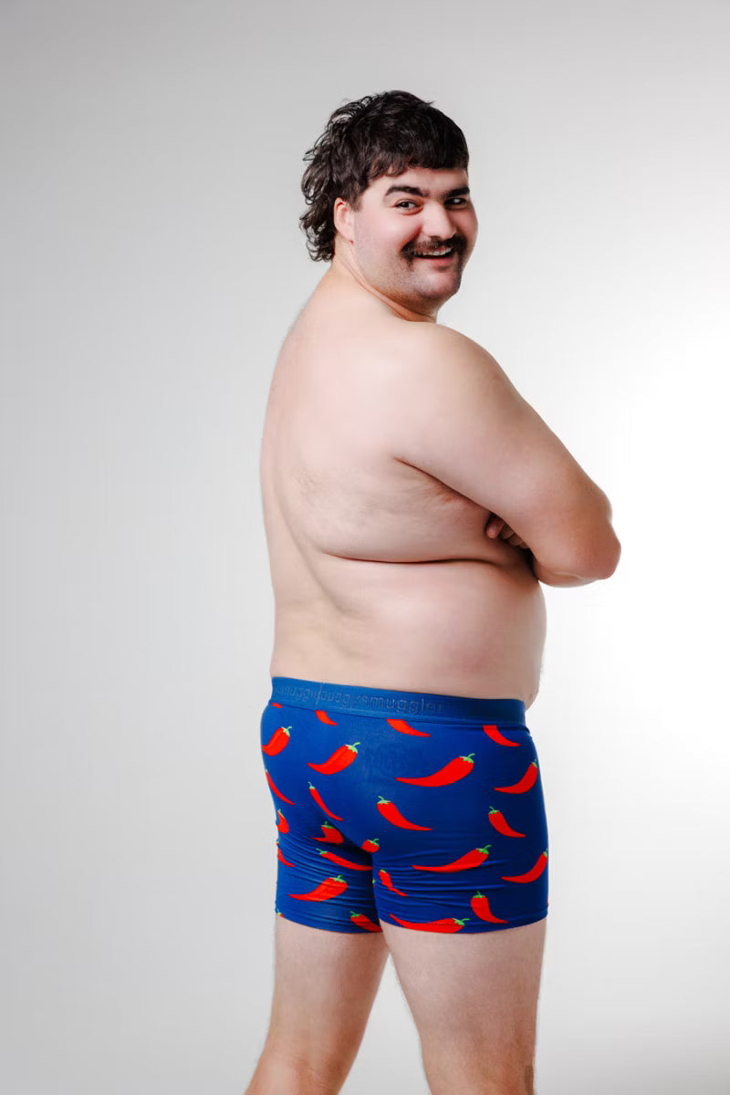 Side view of model wearing Chilli Willies men's underwear trunks
