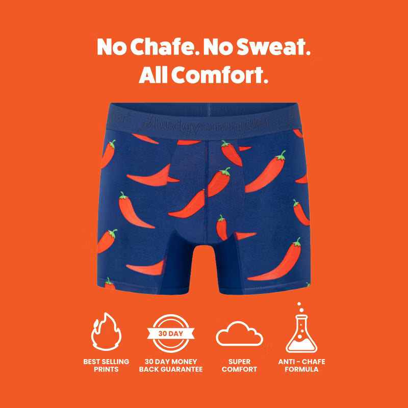 Chilli Willies underwear trunks benefits graphic: no chafe, no sweat, all comfort