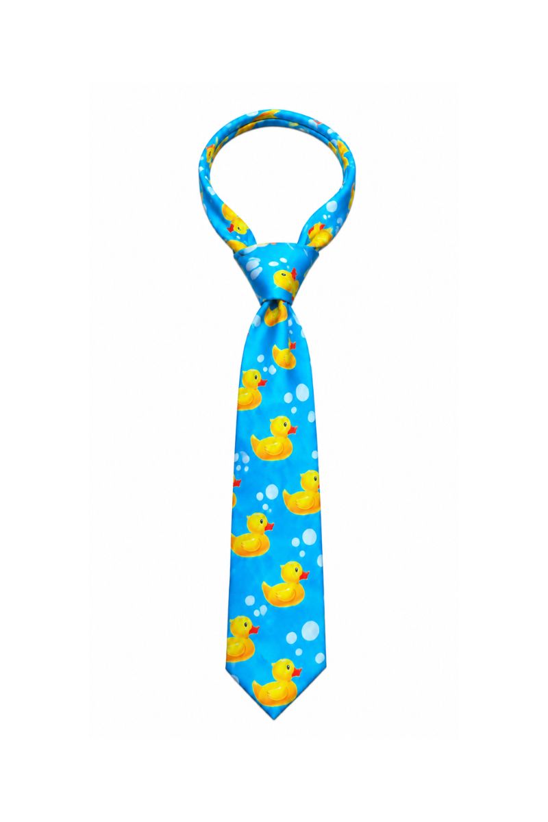 A blue necktie with a repeating pattern of yellow rubber ducks and white bubbles, shown on a plain white background.