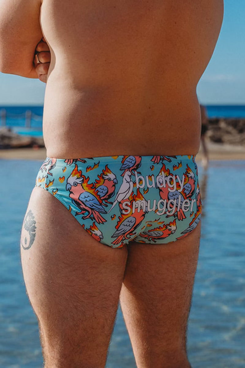 A man standing at the beach wearing low-rise swim briefs with a colorful parrot print on a light blue background and the text 'buddy smuggler' across the front.