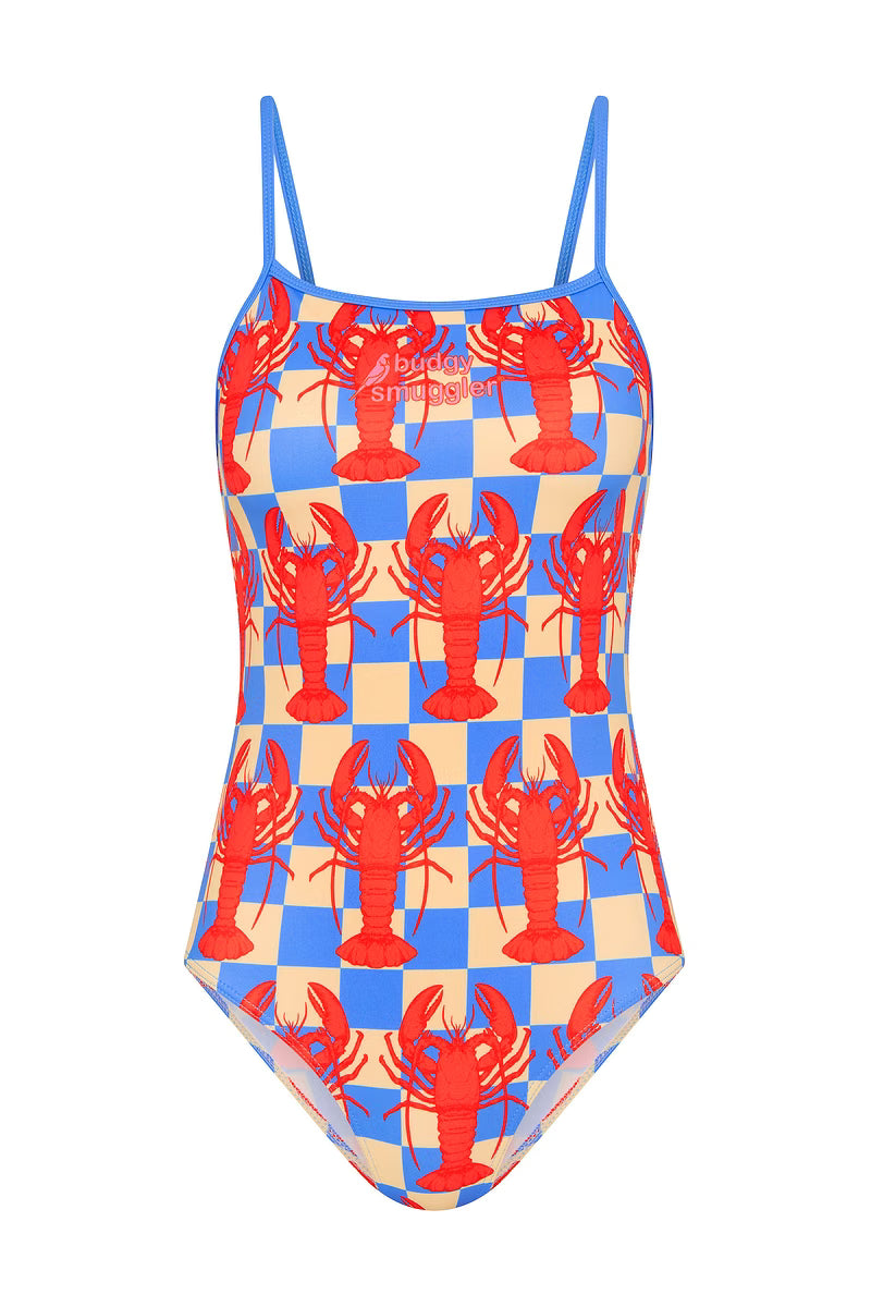 Front studio shot of the Thin Strap Racer in Lobstars, red lobsters on a blue and cream check one piece