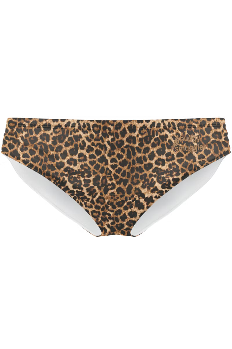 Leopard print bikini bottom with white trim on a white background