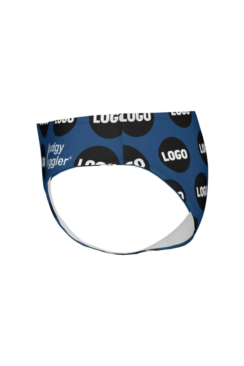 Angled view of custom logo print swimmers in navy
