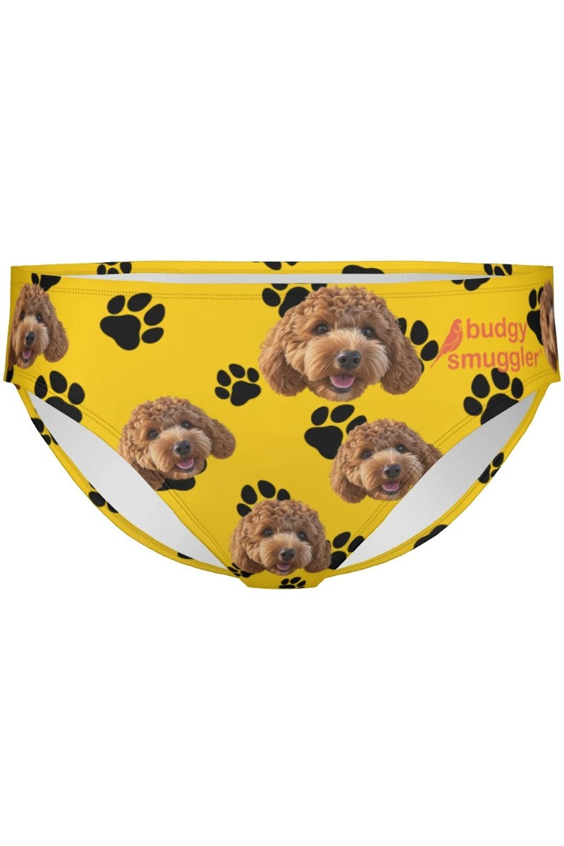 Custom DIY Pet Swapper men's budgies, yellow with your pet's face and paw prints, front view