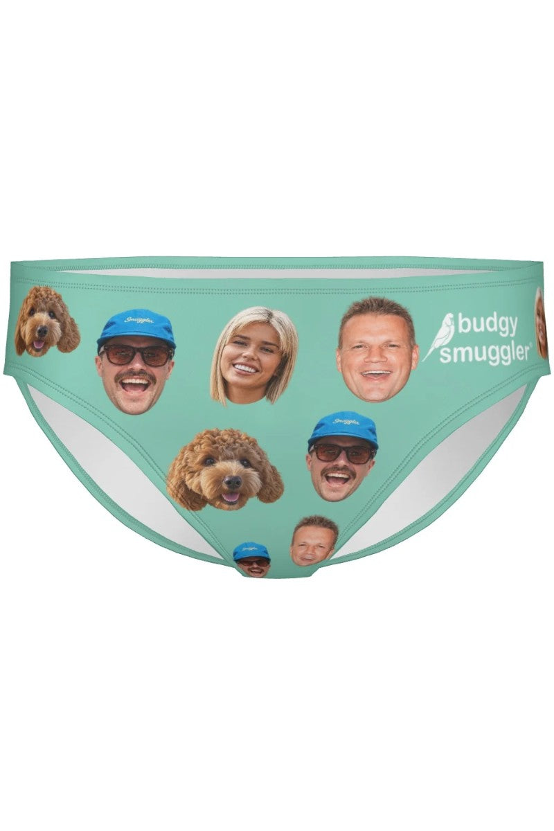 Custom DIY Family Photos Swapper men's swimmers, mint green with your family's faces printed all over, front view