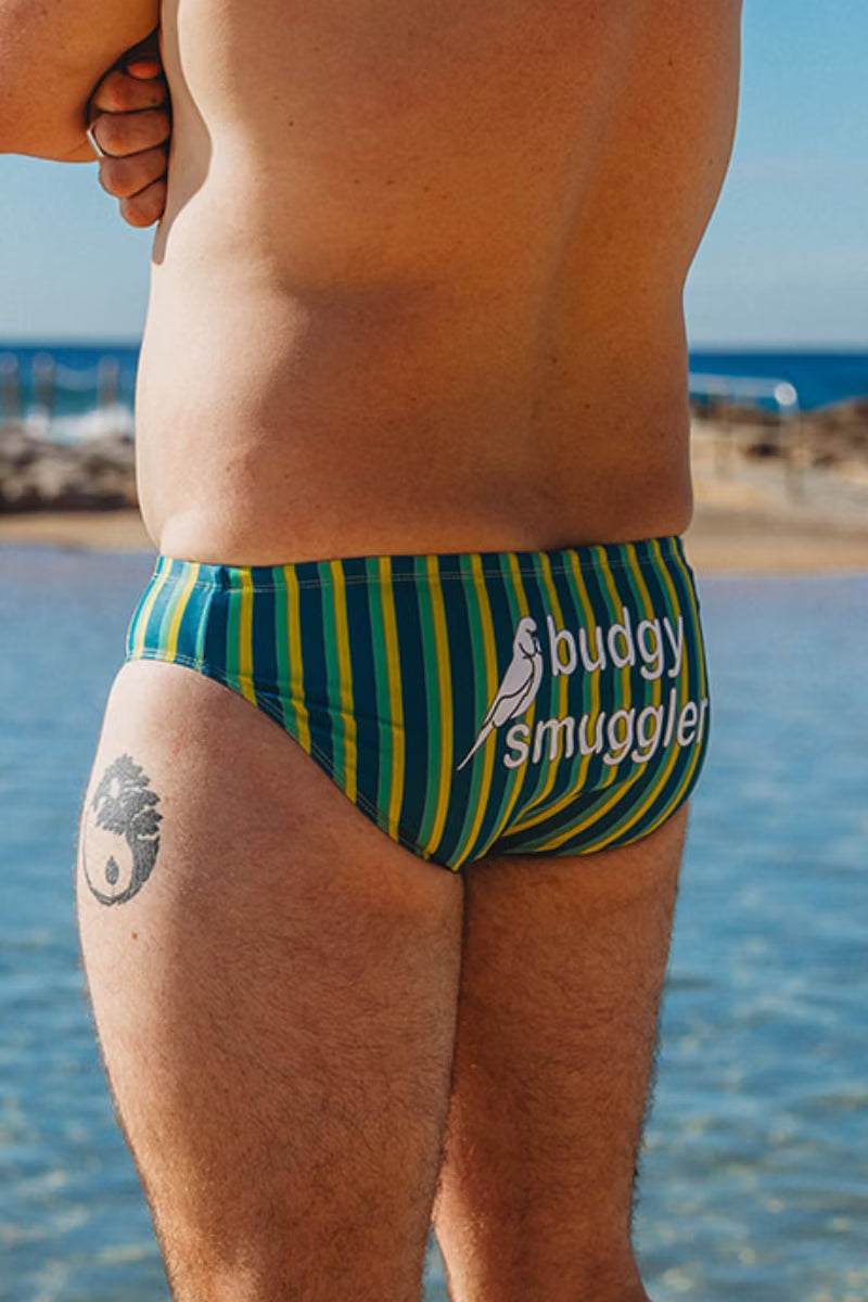 Side view of Riviera Green Stripe budgies worn at an ocean pool
