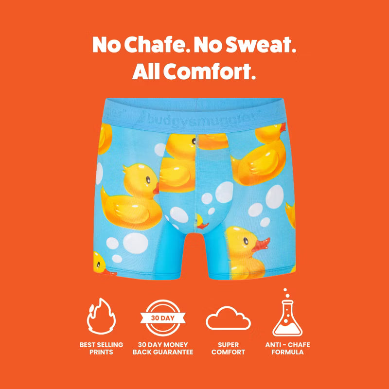 Rubber Ducks underwear trunks benefits graphic: no chafe, no sweat, all comfort