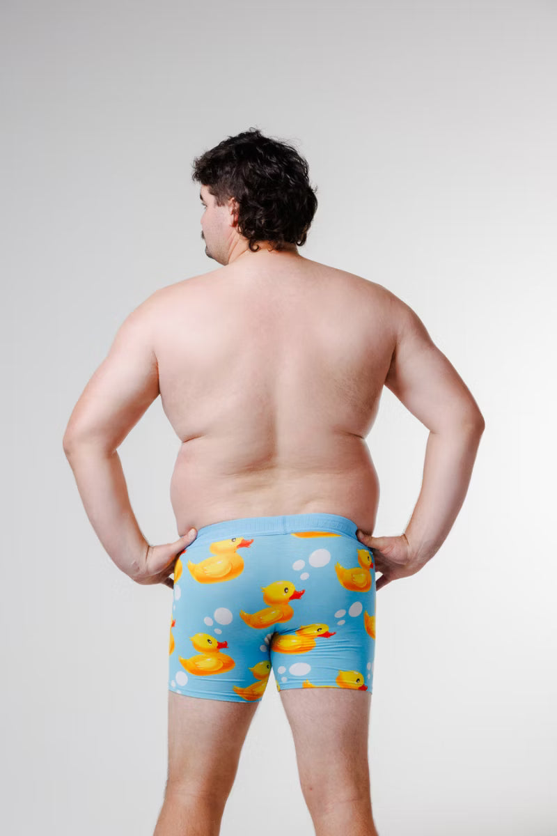 Back view of model wearing Rubber Ducks men's underwear trunks