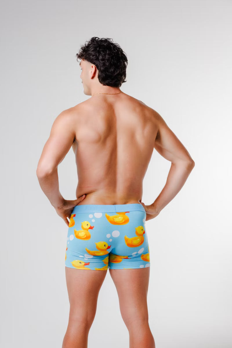 Model showing the back of Rubber Ducks men's underwear trunks