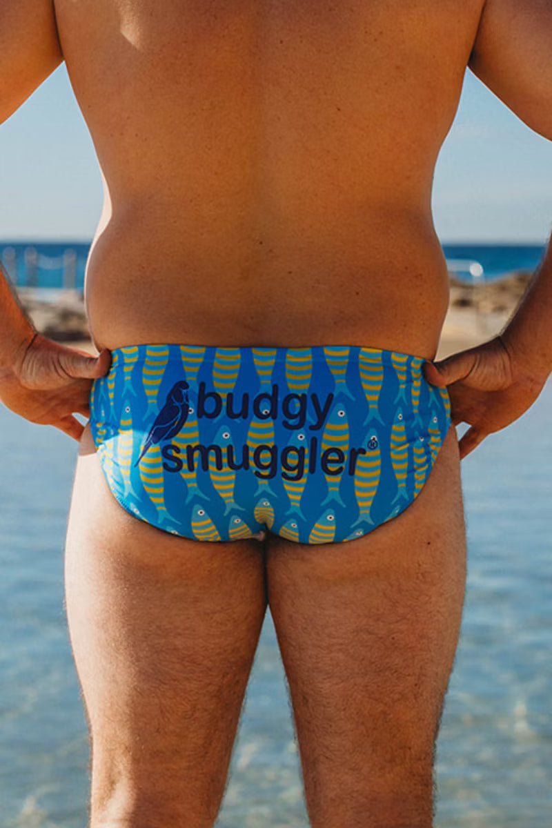 A man viewed from behind wearing low-rise swim briefs with a blue and yellow fish pattern and the text 'buddy smuggler' printed on the back, set against a beach background.